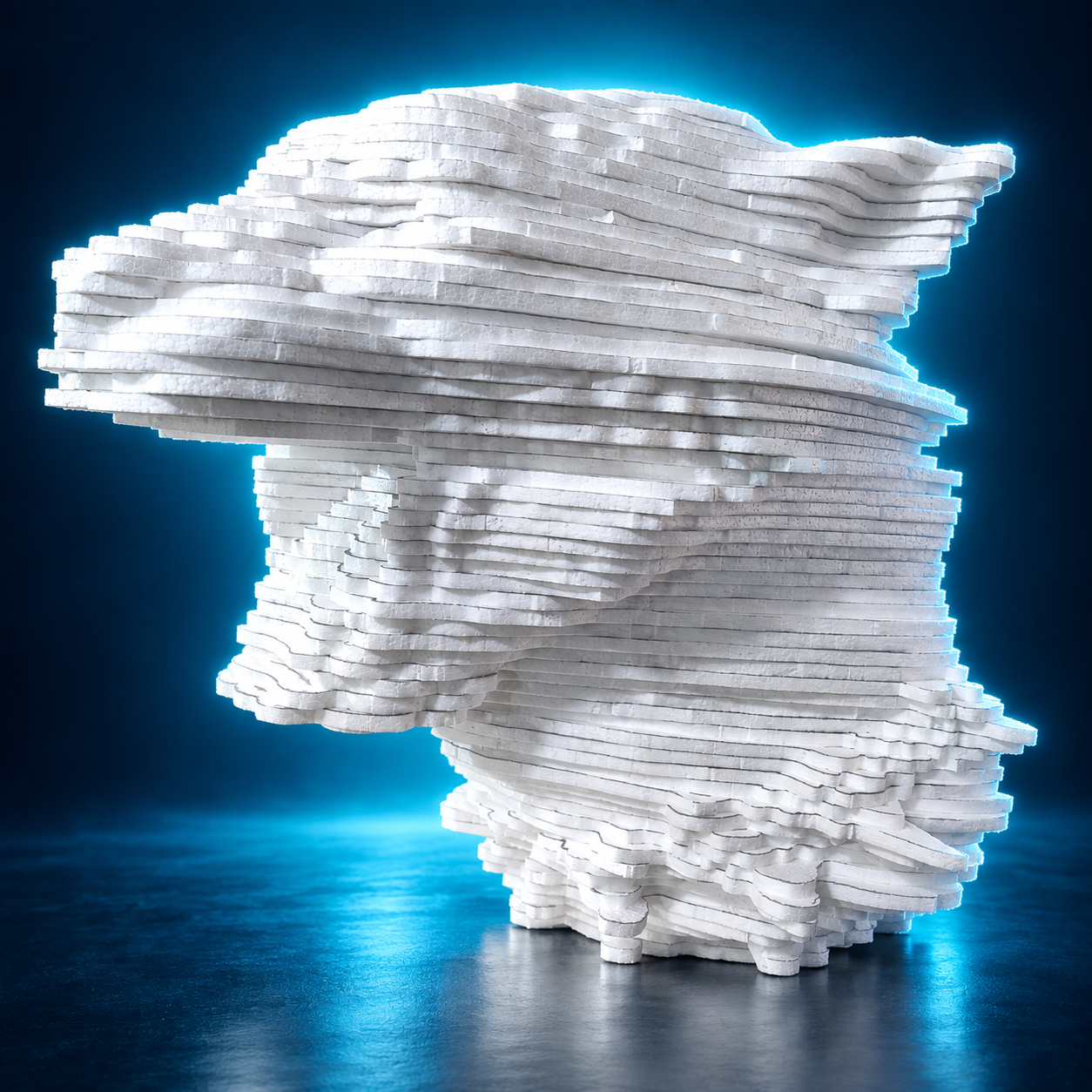 Escultura de espuma por capas con silueta alargada sobre fondo azul