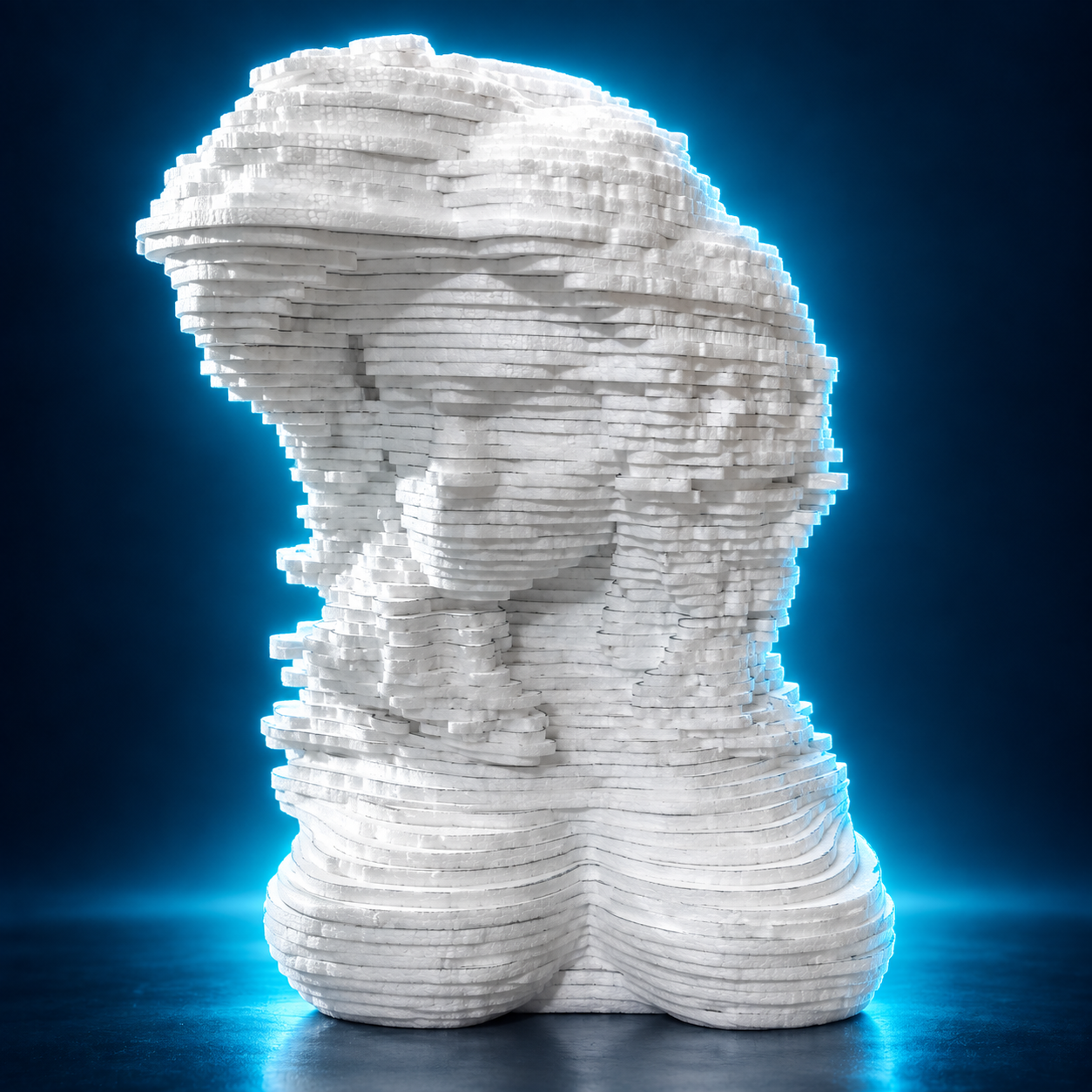 Escultura estratificada de espuma resaltada con iluminación cian