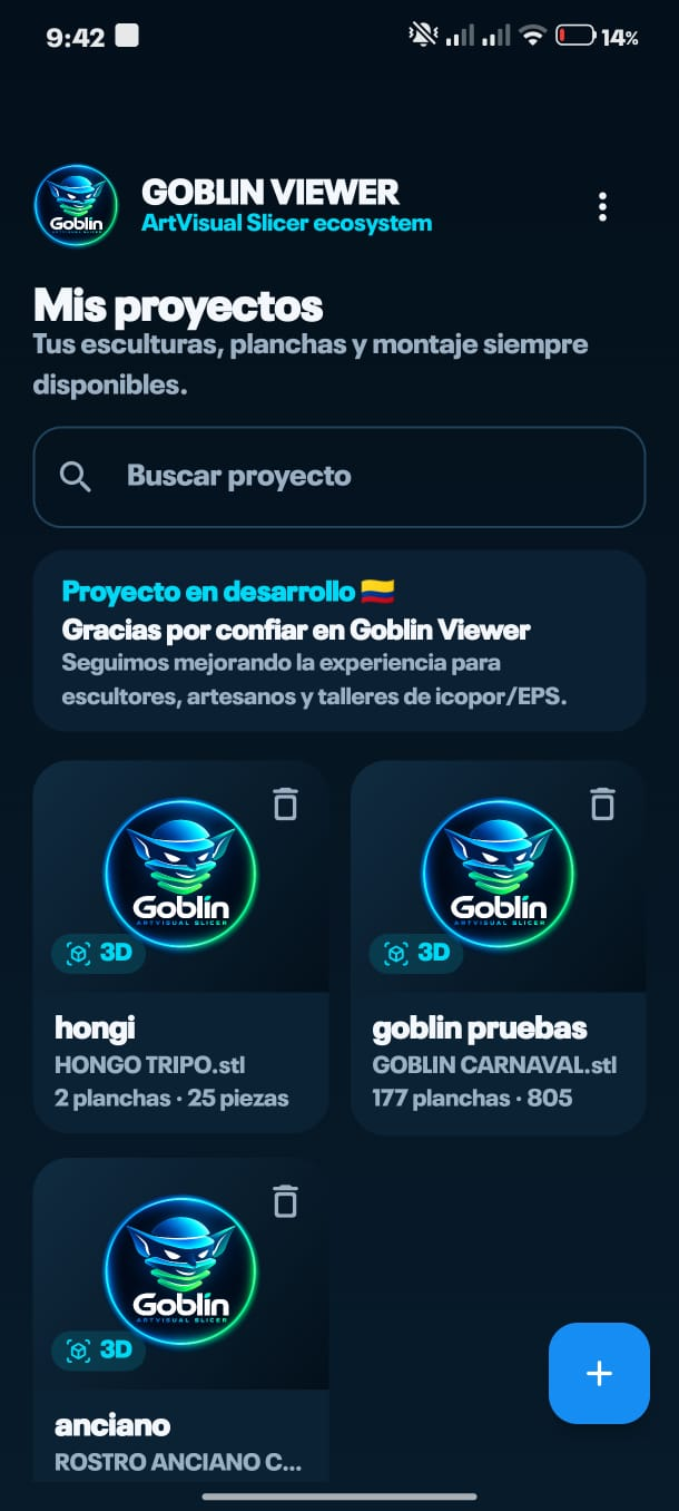 Pantalla Mis proyectos de Goblin Viewer