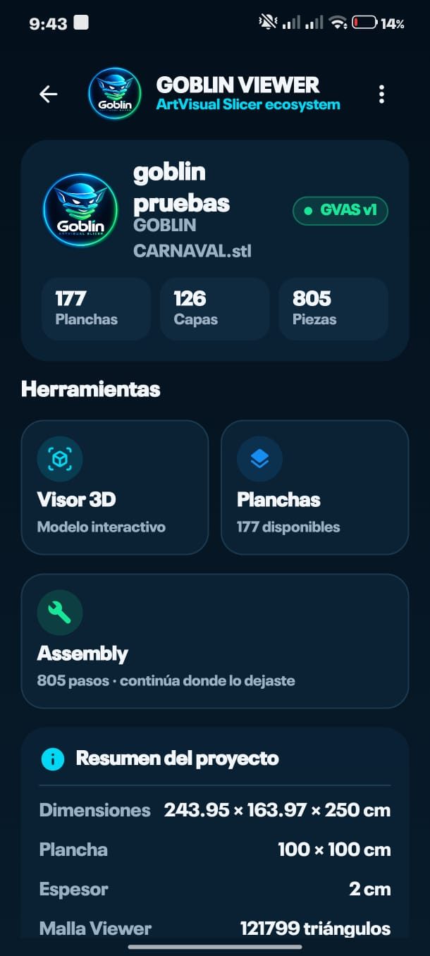 Goblin Viewer mostrando Visor 3D, planchas, Assembly y resumen del proyecto